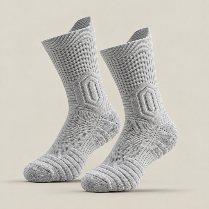 Pair of grey outdoor work socks displaying reinforced toe and heel