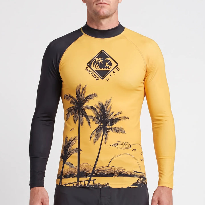 Side profile of the mens long sleeve surfing rash guard in action