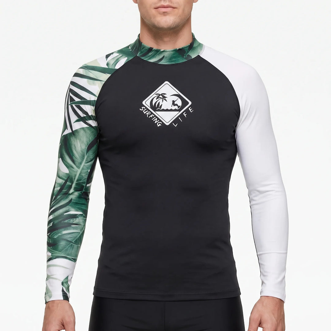 Flat lay view of the mens versatile surf shirt and swimwear staple