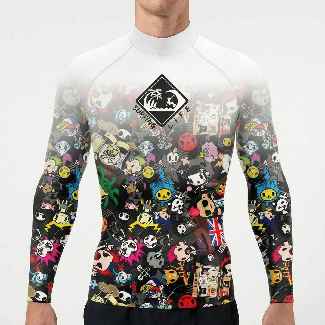 Folded presentation of the mens lightweight sun protection rash guard