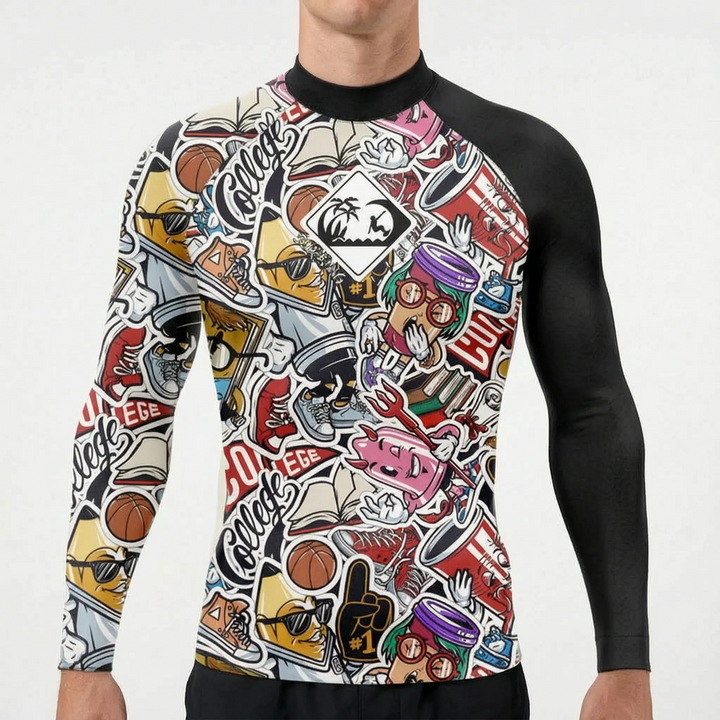 Action shot of the mens surf gear long sleeve rash guard outdoors