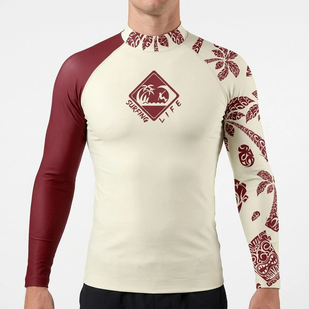Mens long sleeve surfing rash guard back view showing sun protection design