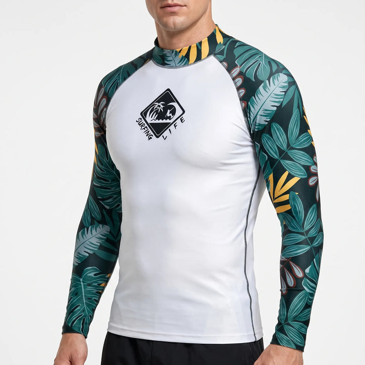 Close-up of the fabric texture on the mens surf shirt and water sports top
