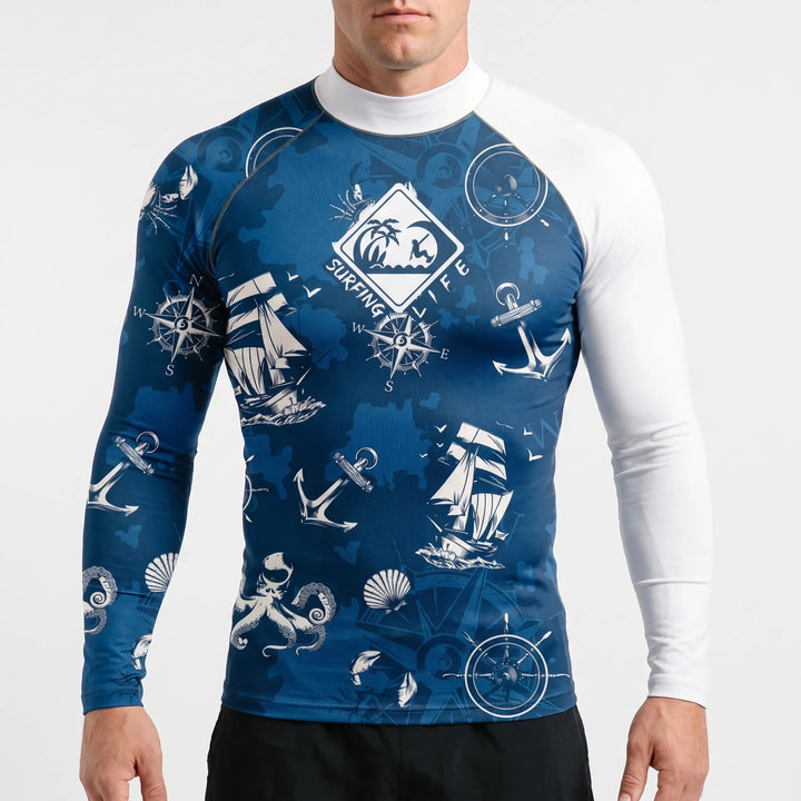 Detailed shot of the reinforced stitching on the mens long sleeve swimwear