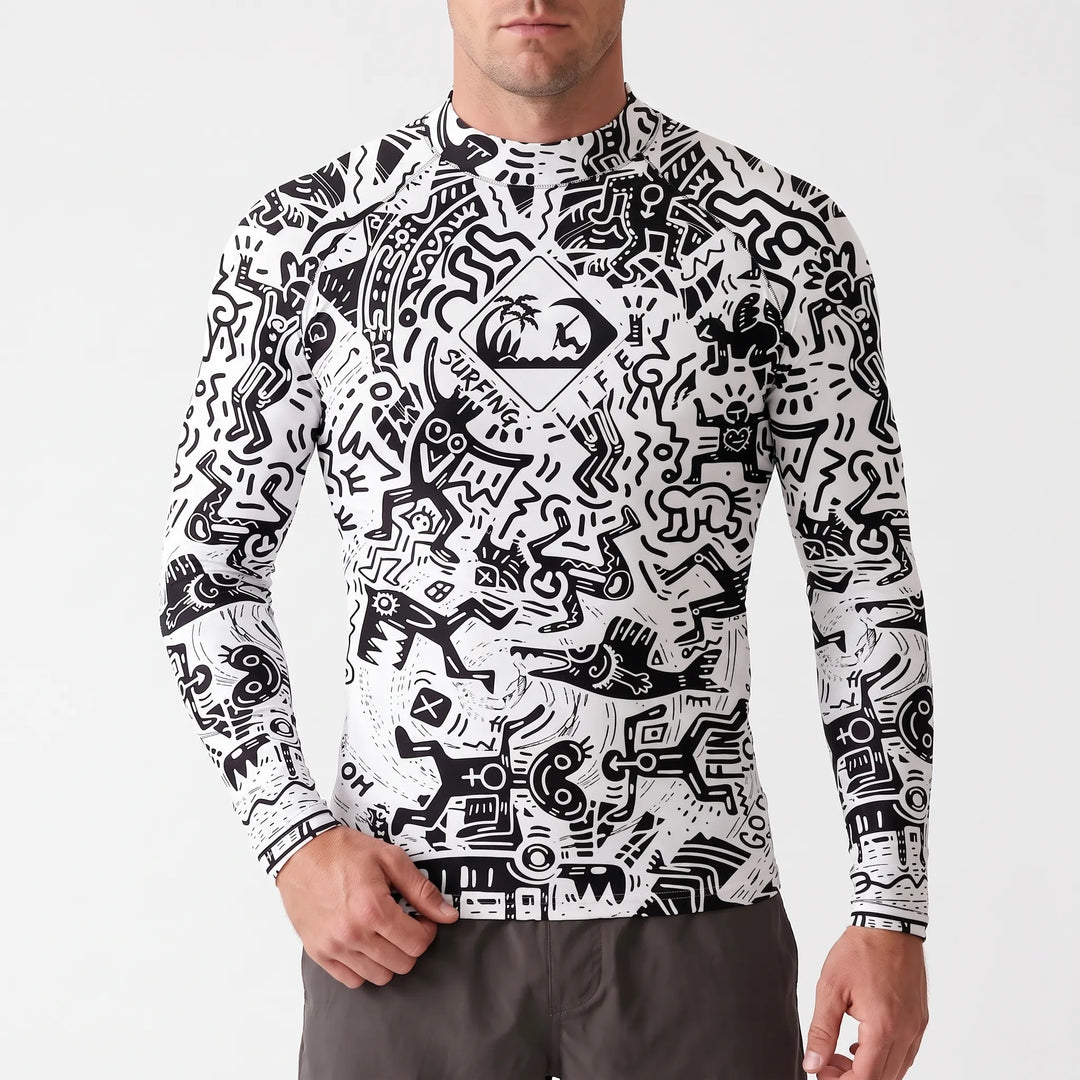 Interior tag and collar detail of the mens surf gear rash guard
