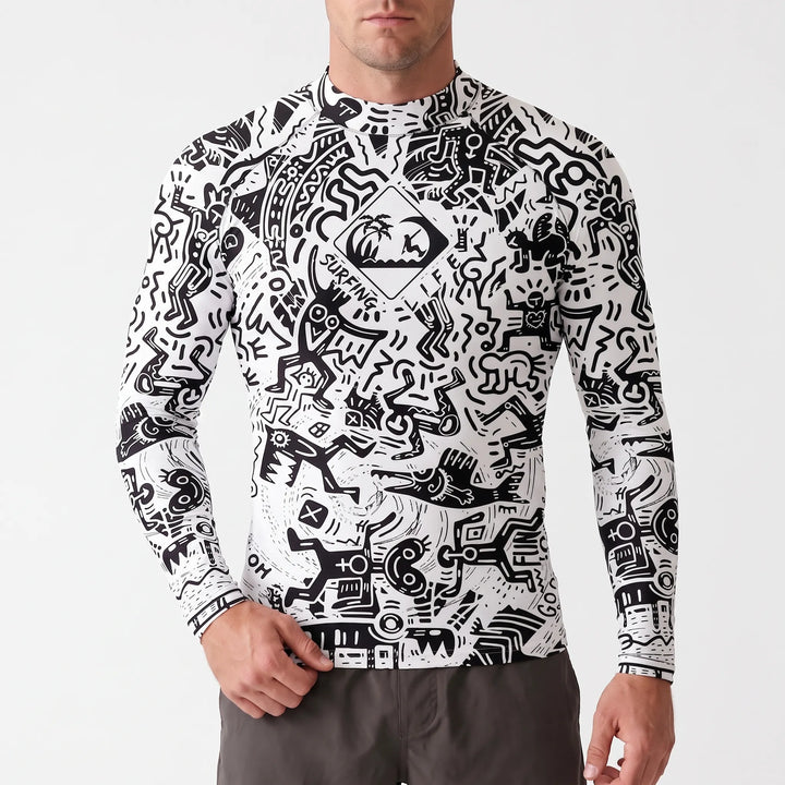 Interior tag and collar detail of the mens surf gear rash guard