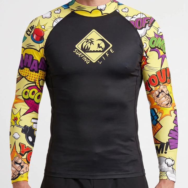 Hemline and fit view of the mens water sports rash guard apparel