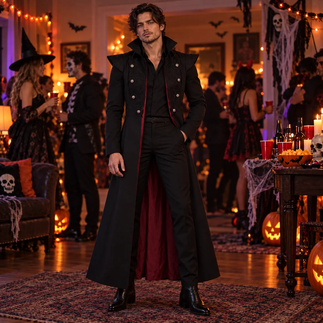 Man wearing long sleeveless gothic vest at a Halloween party