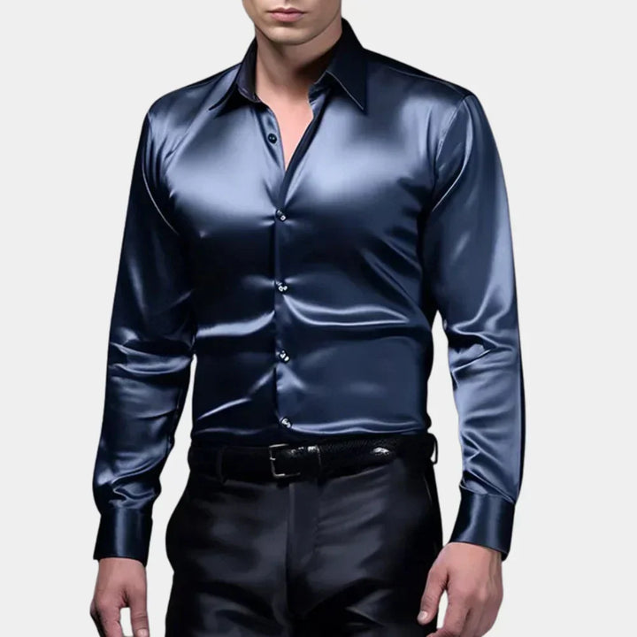 Close-up of button placket and collar on a stylish mens party shirt