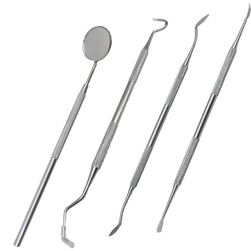 Close-up of stainless steel dental instruments from home dentist kit for teeth whitening
