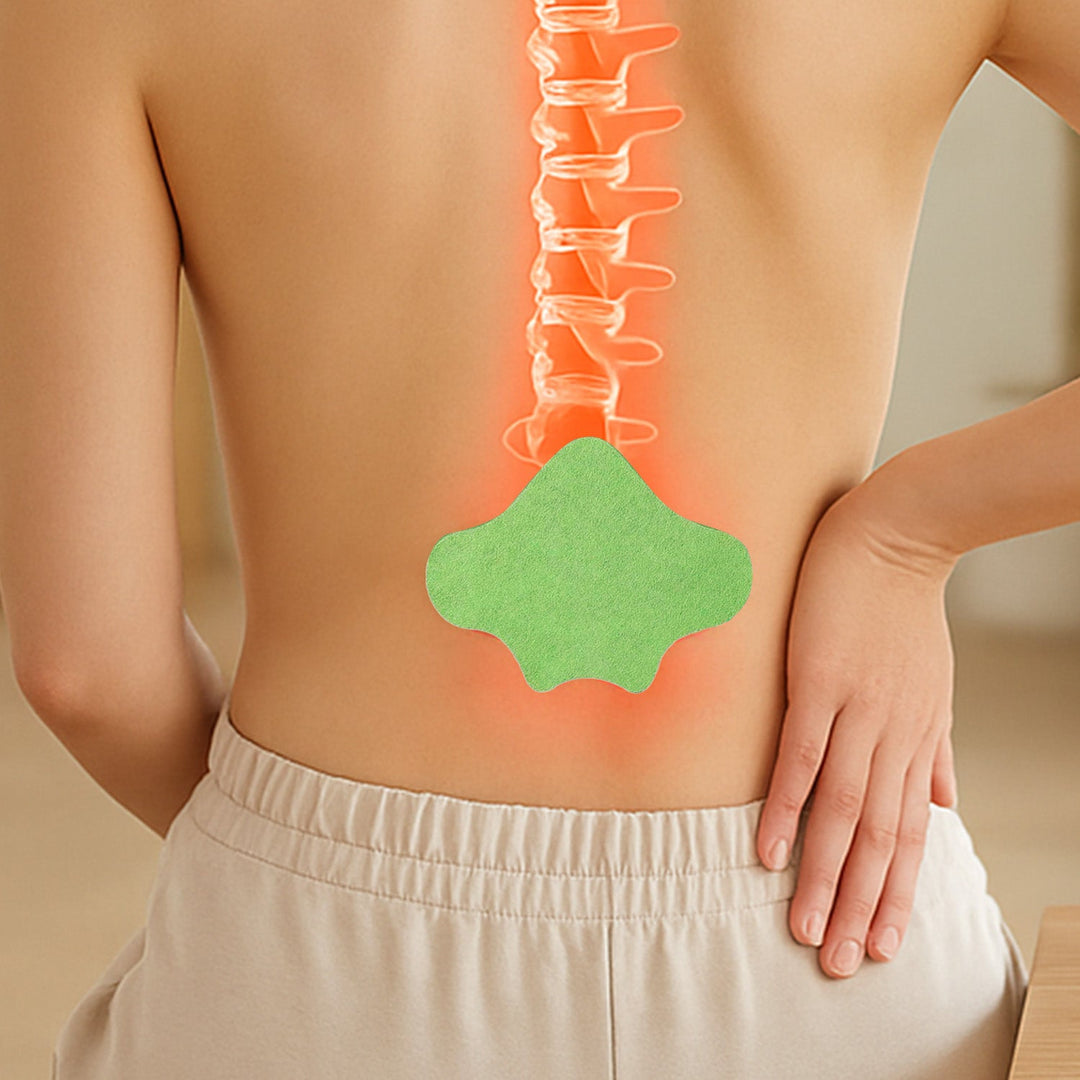 Natural herbal lumbar spine patch applied to a person's lower back highlighting spine support