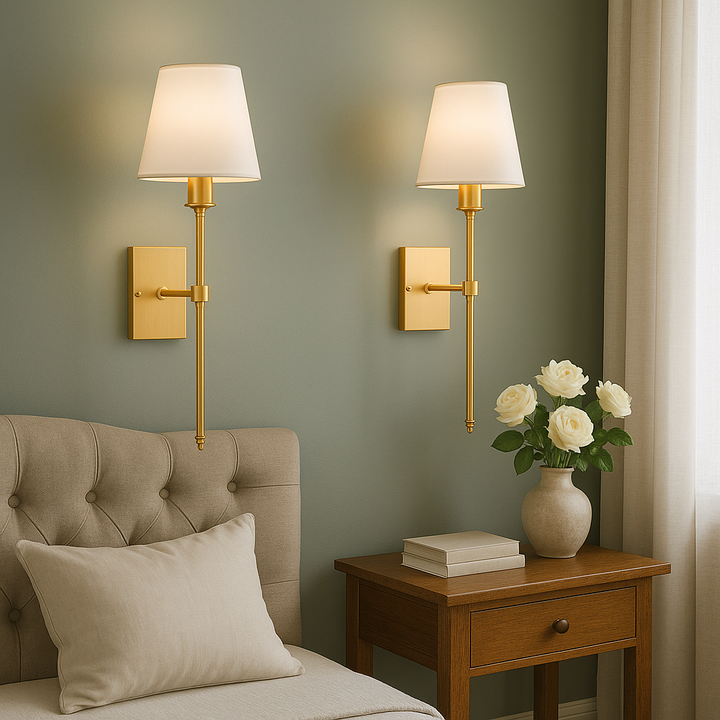 Two elegant gold wired wall sconces mounted above a bed next to a side table with flowers.