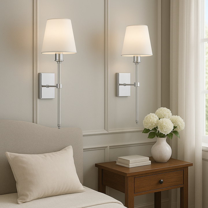 Modern bedroom lighting with sleek black wall sconce glowing softly