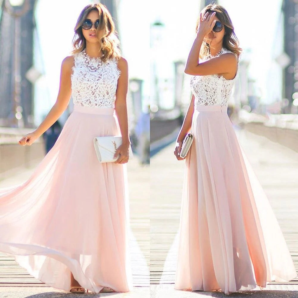 Women's elegant pink lace bodice maxi dress for formal wear and parties