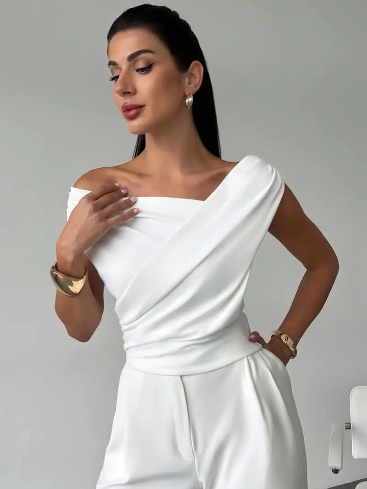 Back view of the sophisticated evening top in smooth fabric