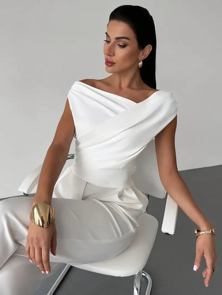 Close-up of the draped shoulder feature on the smart casual blouse