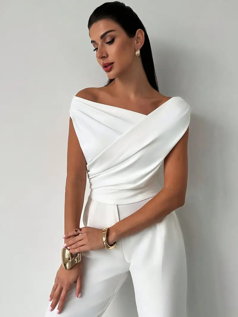 Women's elegant draped shoulder top showcasing chic neckline detail