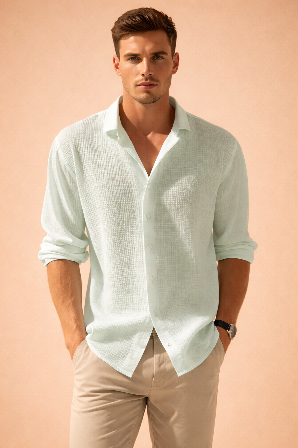 Stylish man showcasing a mint green long-sleeve textured shirt paired with neutral trousers in a clean portrait.