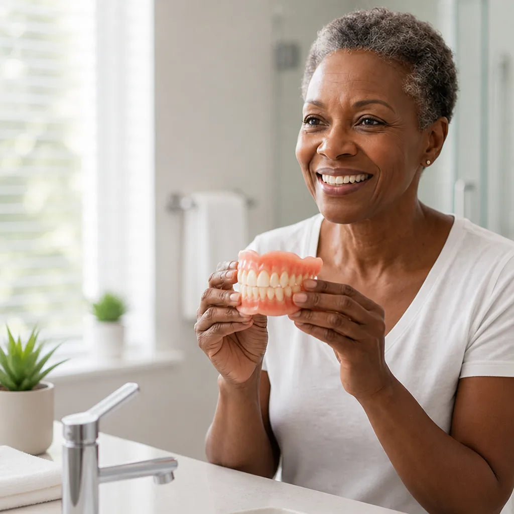 Mature woman smiling confidently while holding her custom fit denture