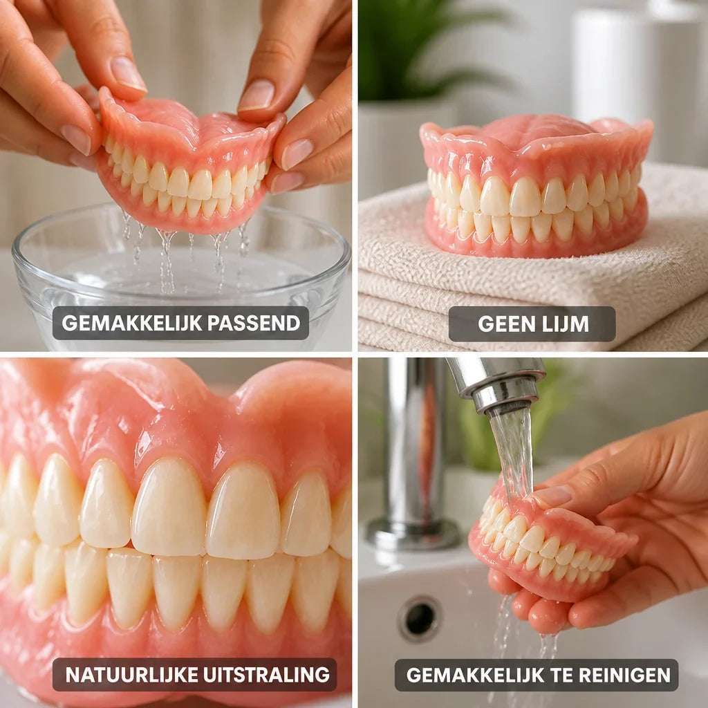Step-by-step guide showing how to heat mold and clean the denture