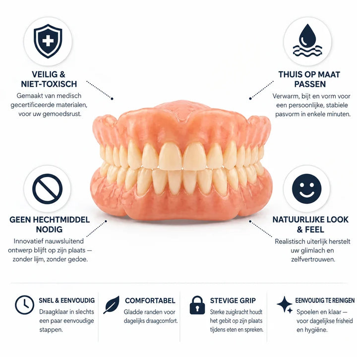 Custom fit heat moulded denture kit packaging and instruction manual for an adhesive-free natural ivory smile