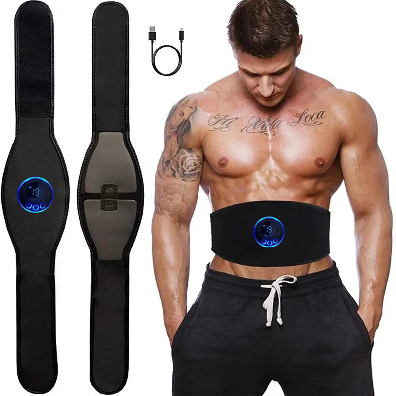 Man wearing the EMS abdominal muscle trainer belt showcasing digital display