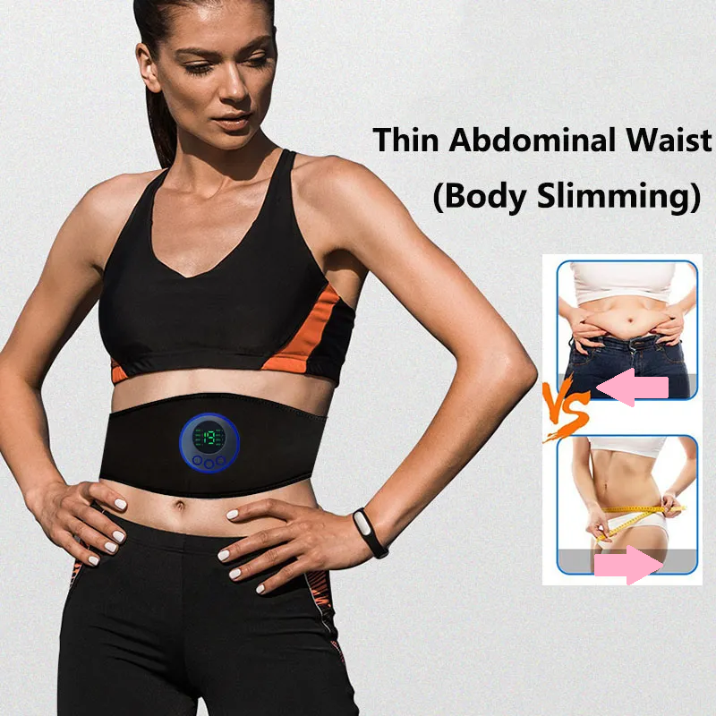 Woman wearing the EMS fitness belt demonstrating core slimming benefits
