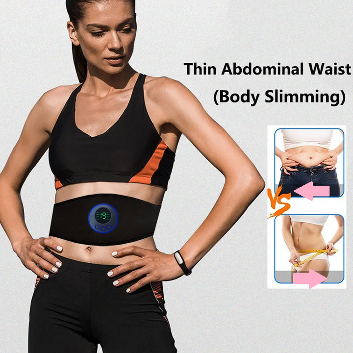 Woman wearing the EMS fitness belt demonstrating core slimming benefits