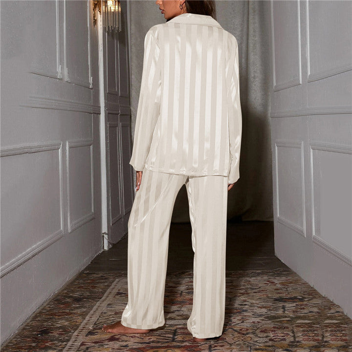 Detailed view of striped fabric on womens luxury loungewear set