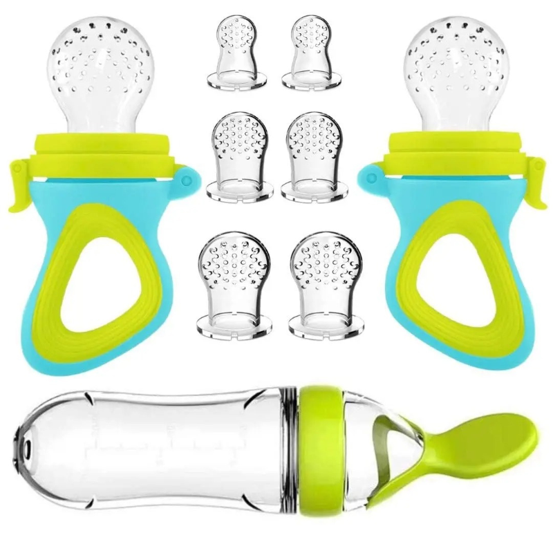 Baby fruit feeder and teething pacifier in blue with a protective cover