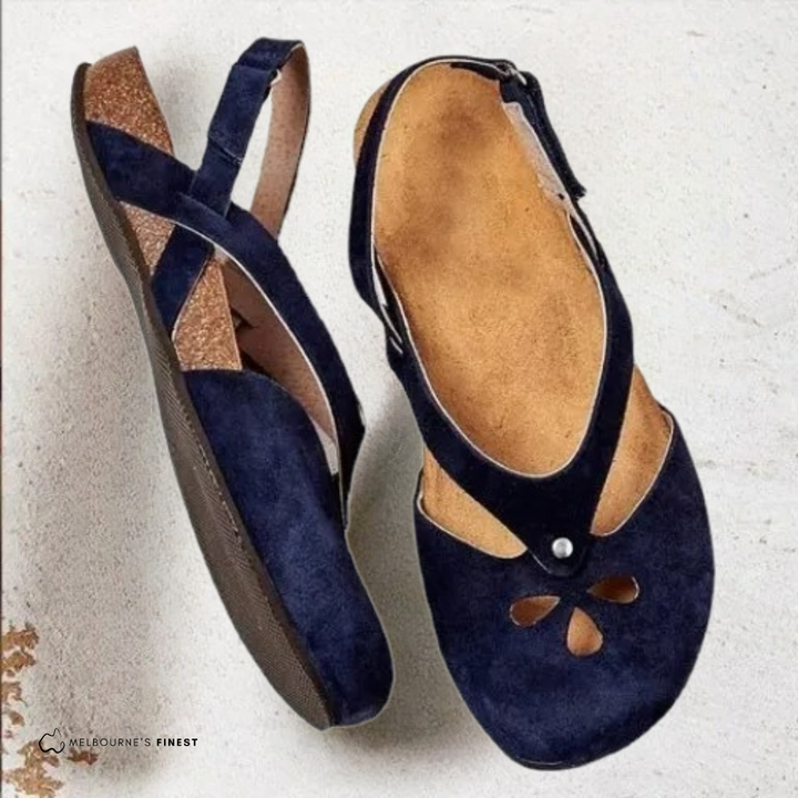 Close-up of durable sole and textured footbed on ergonomic walking sandals