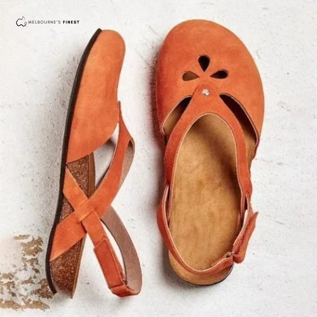 Model wearing stylish orthopedic sandals for women in an outdoor setting