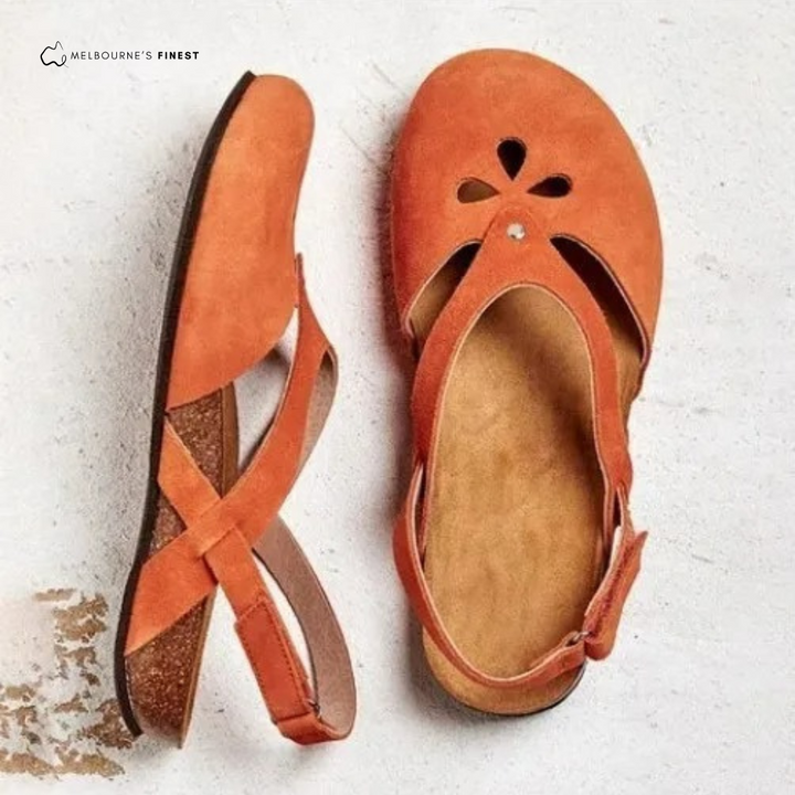 Model wearing stylish orthopedic sandals for women in an outdoor setting