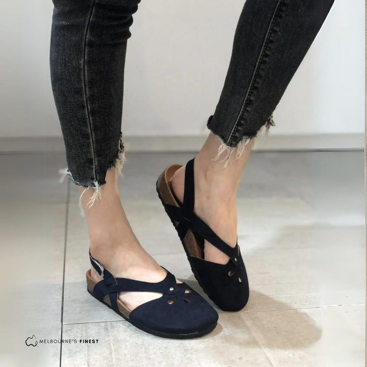 Back angle view of adjustable walking sandals showing heel strap support