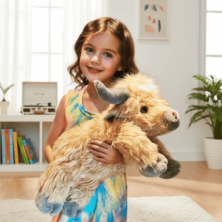 Young smiling girl holding the fluffy Highland cow plush toy in a bright room