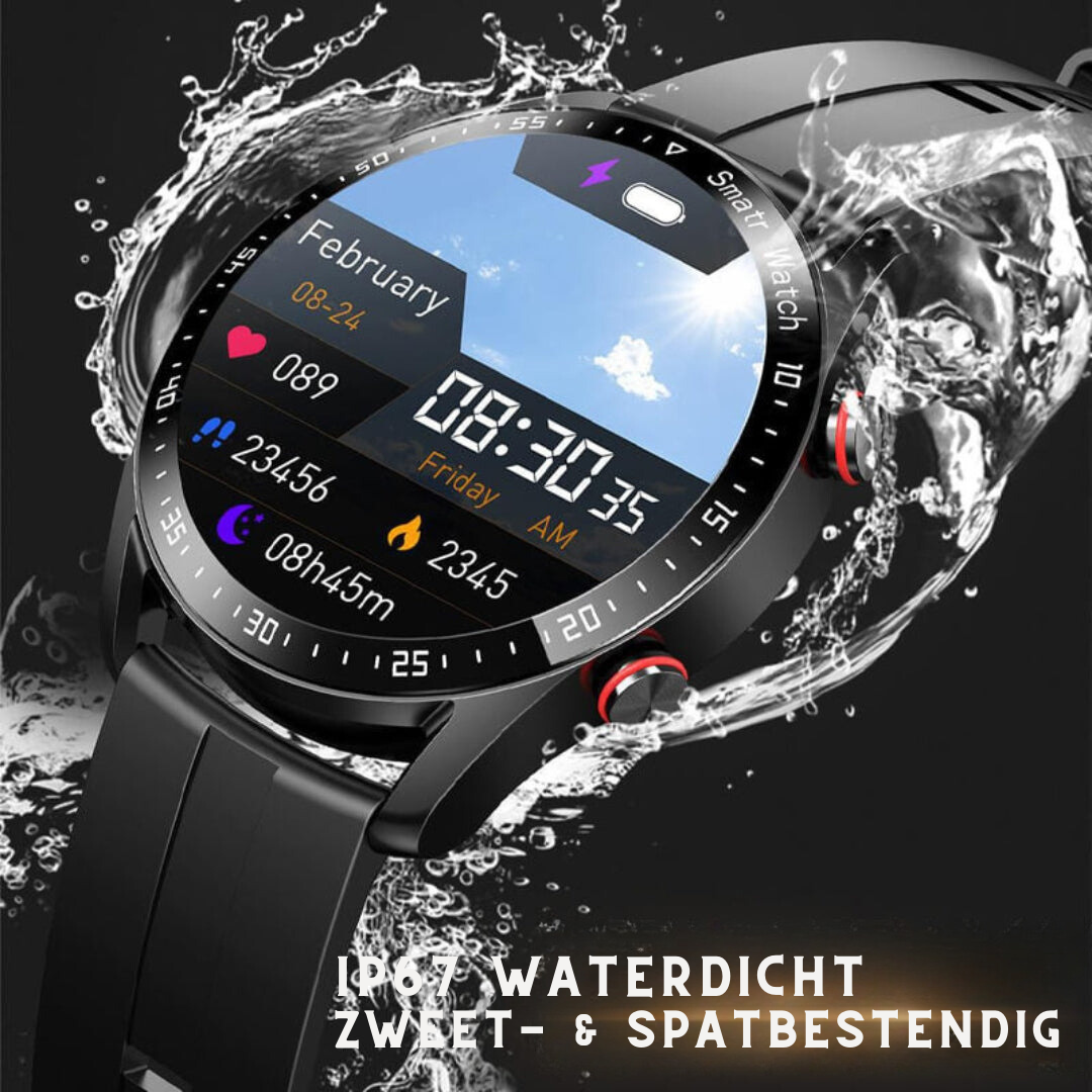 Side view of waterproof smartwatch highlighting metallic finish and crown button