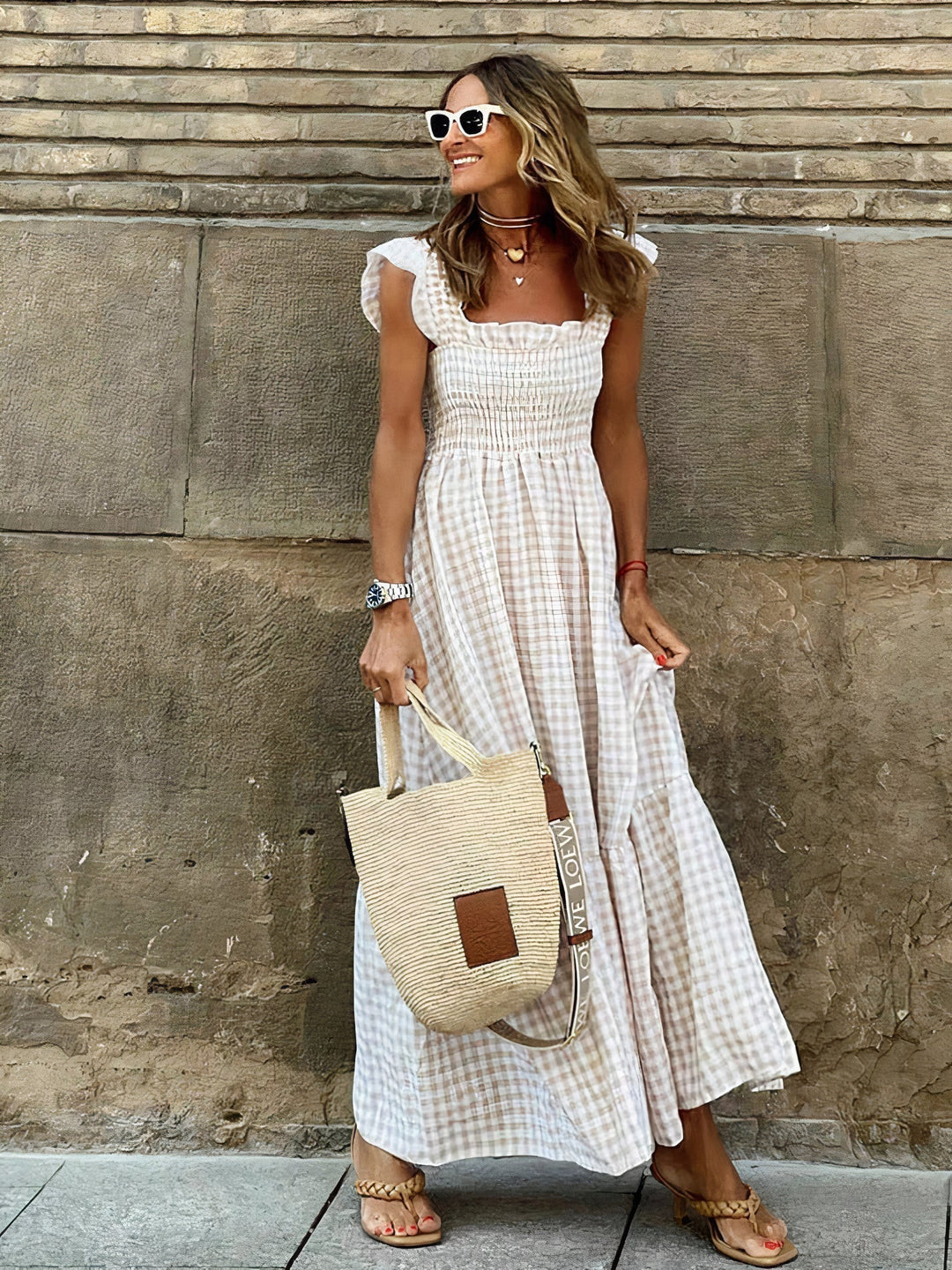 Full length view of women classic check maxi dress for casual summer wear