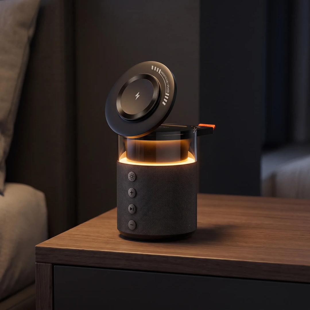 Magnetic multi-device charging station in black with warm ambient light on a wooden nightstand