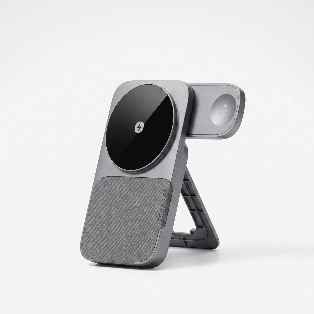 Grey foldable magnetic wireless charging station on a clean white background