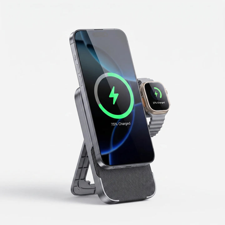Magnetic wireless charging stand actively powering a smartphone and smartwatch