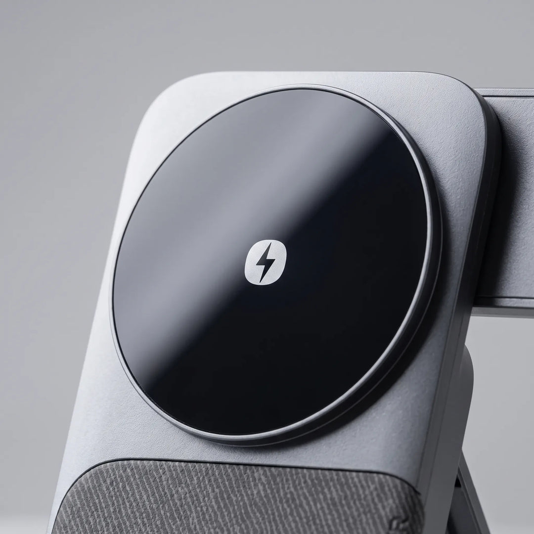Portable fast wireless charger and magnetic charging stand for travel and home use.