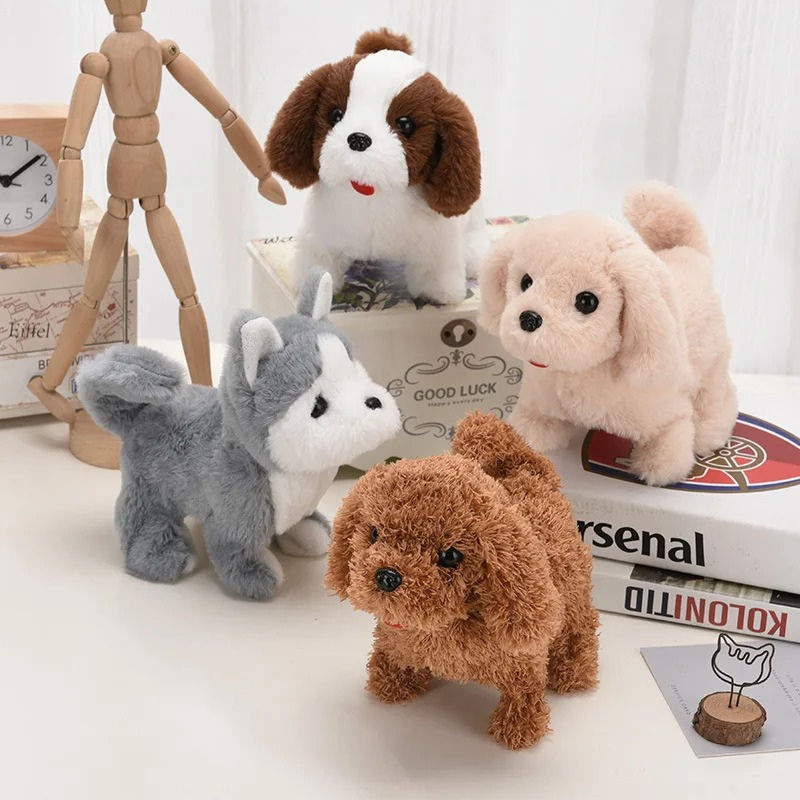 Assortment of interactive robot dog plush toys in various breeds