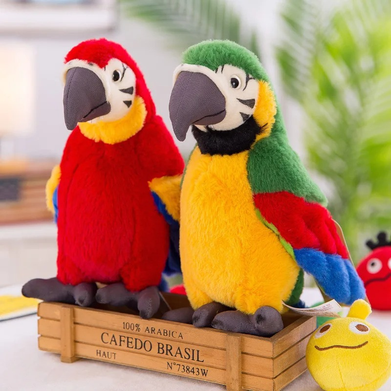 Red and green talking parrot plush toys sitting together