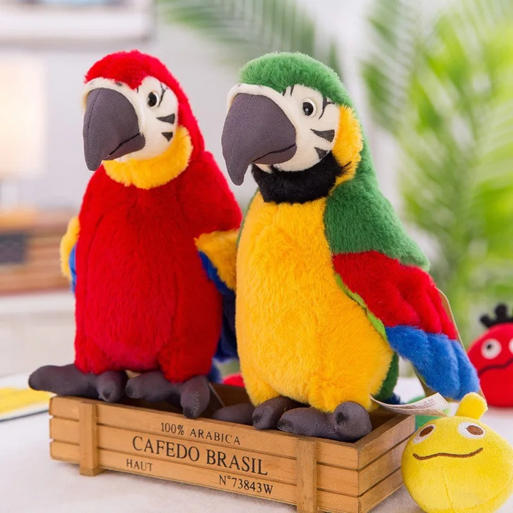 Red and green talking parrot plush toys sitting together