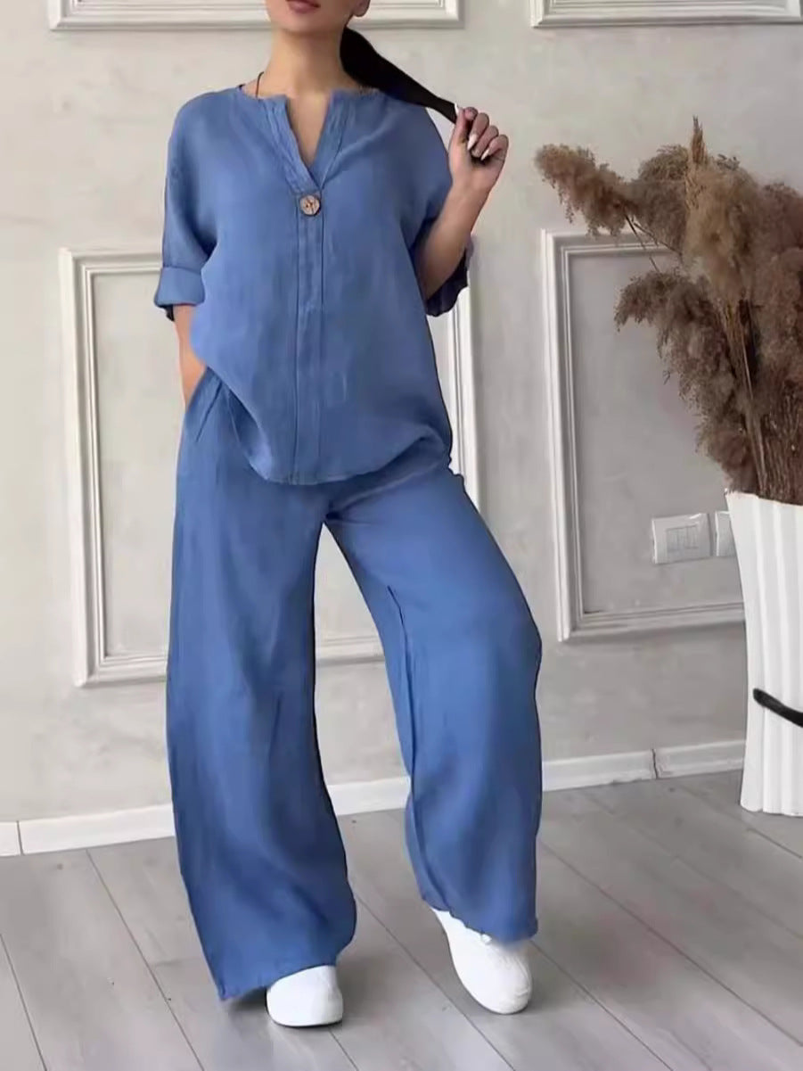 Comfortable two-piece casual wear set featuring a cozy sweater and trousers