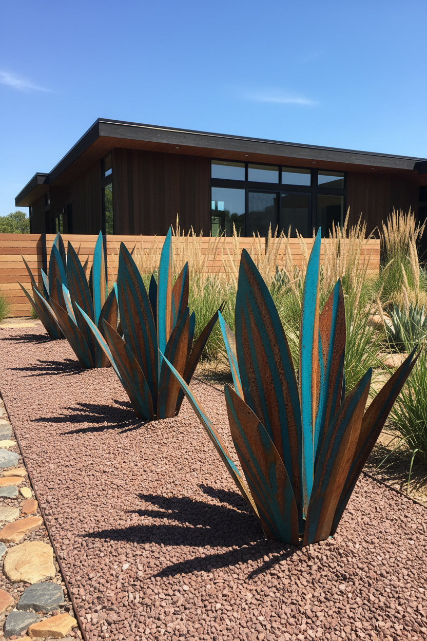Teal metal agave garden statue installed in outdoor yard landscaping