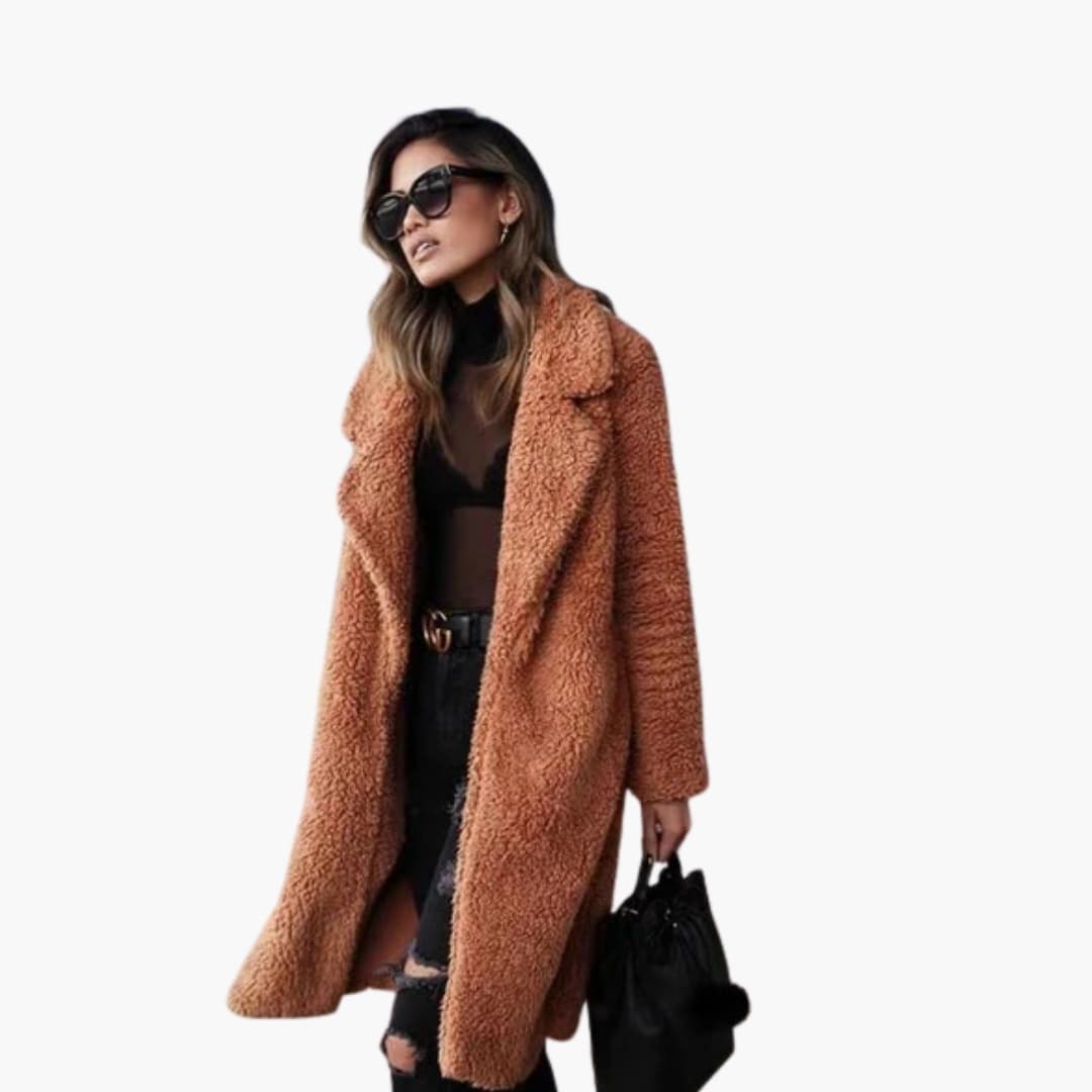 Cozy teddy coat featuring a wide lapel collar and long winter outerwear design
