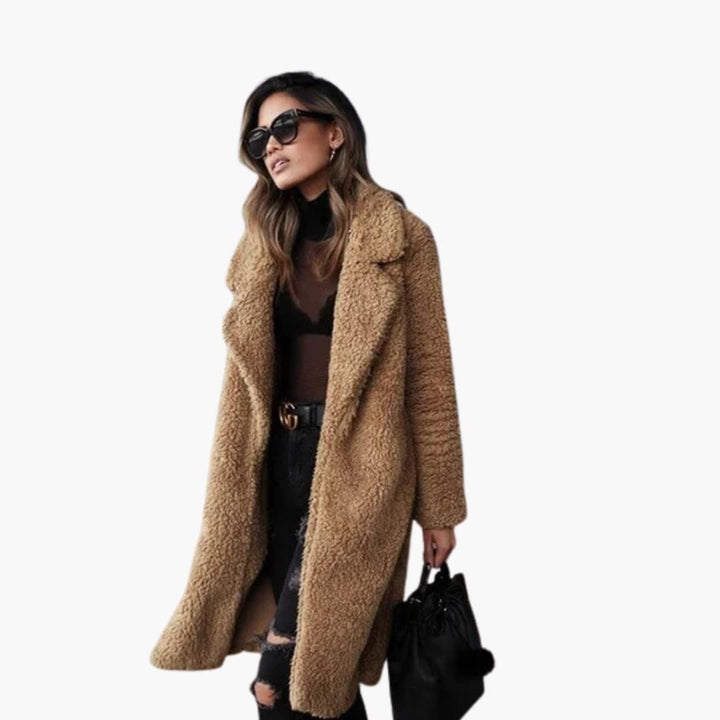 Stylish women's long oversized coat with classic lapel collar for cold weather