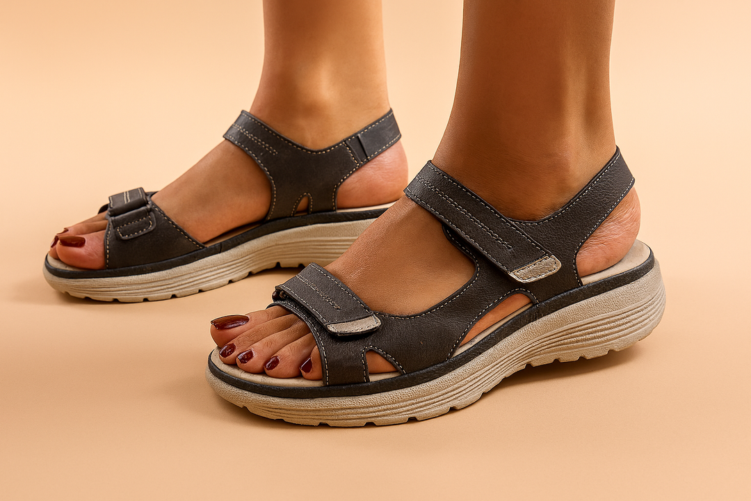 Angled view of navy blue comfortable walking sandals with contrast stitching and textured grip sole.