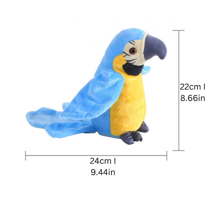 Blue talking parrot soft toy showing height and length measurements